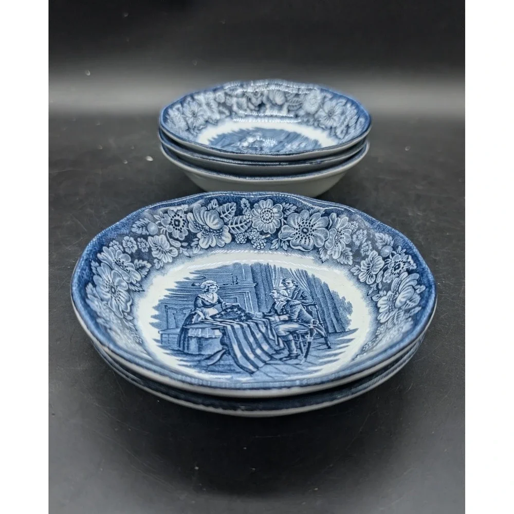 Liberty Blue Historic Colonial Scenes Betsy Ross Fruit Bowls Set of 5 England